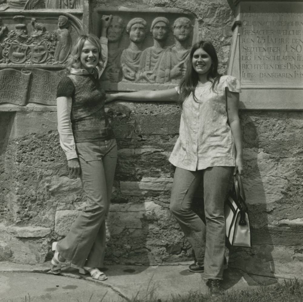 Students Linda Dooring of Eastern Michigan University (left) and Kimberly Rowe of Grand Valley State College (right) at German summer school, 1972.